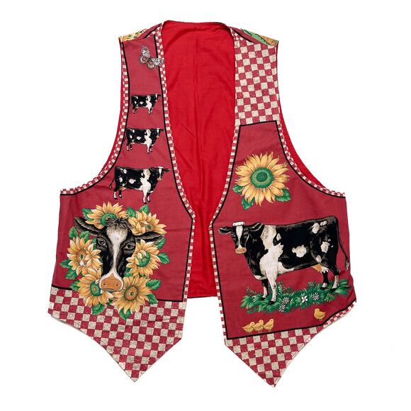 Vintage Jackets & Blazers - Vintage 90s Handmade Cow Farm Print Vest Red Floral Open Front Farmhouse Animals